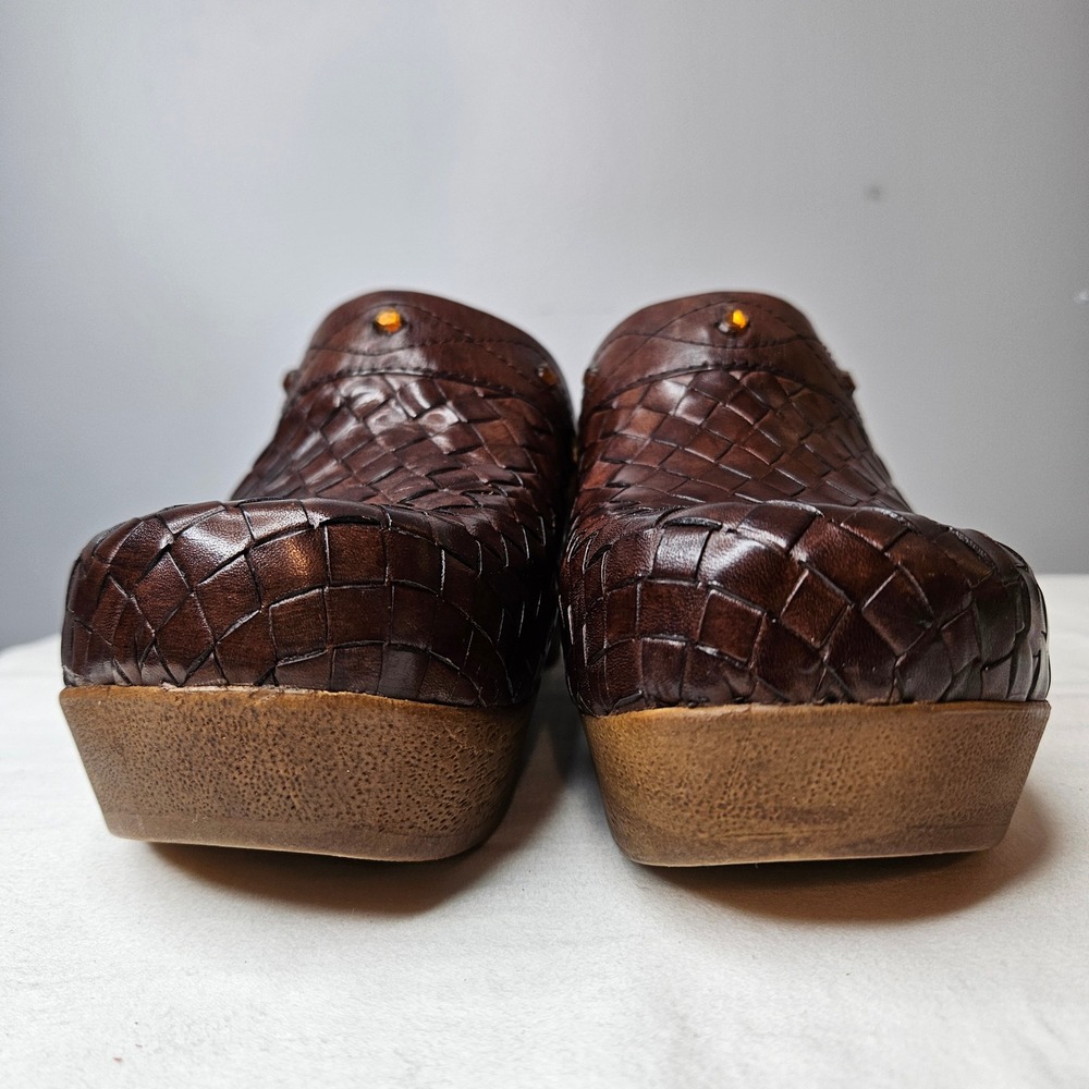 Dr Scholls Lattice Brown Woven Leather Clog Mules Wedge Platform Rhinestone 9M - Picture 7 of 9